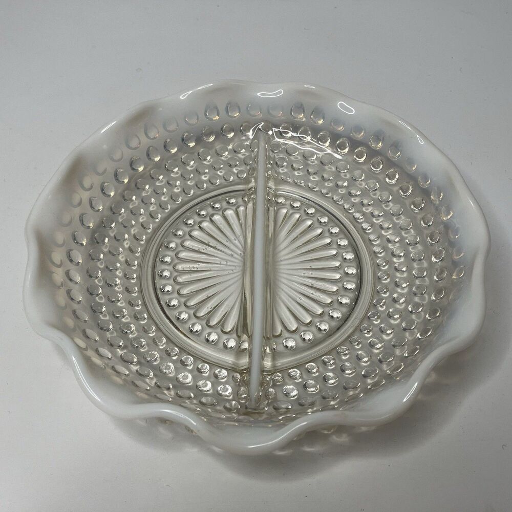 Vtg Moonstone Anchor Hocking Clear Opalescent Hobnail Relish Divided Dish Tray - Picture 2 of 6